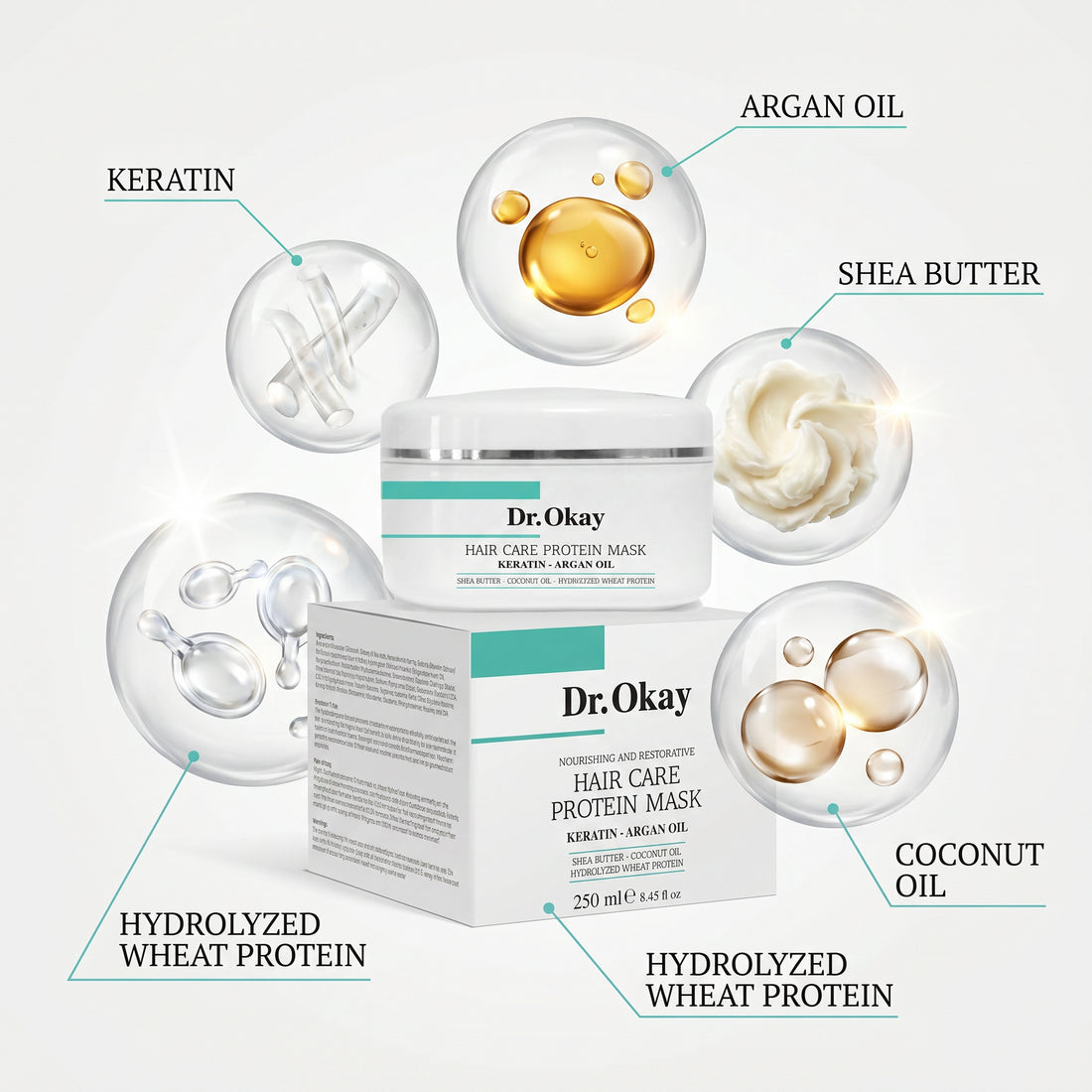 Mască Proteică pentru Reparare și Hidratare cu Keratină și Ulei de Argan Dr. Okay 250ml
